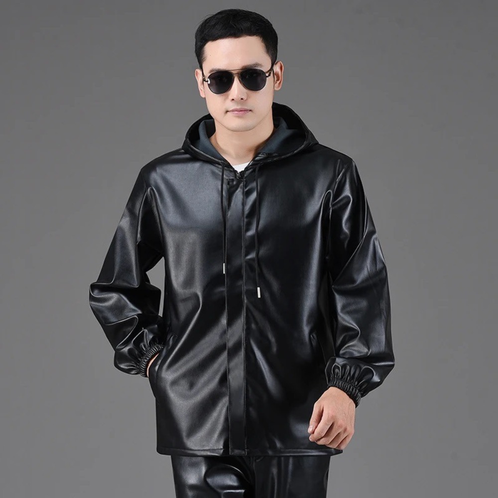 Leather Work Jacket With Hood - Men's spring and autumn overalls hooded,
