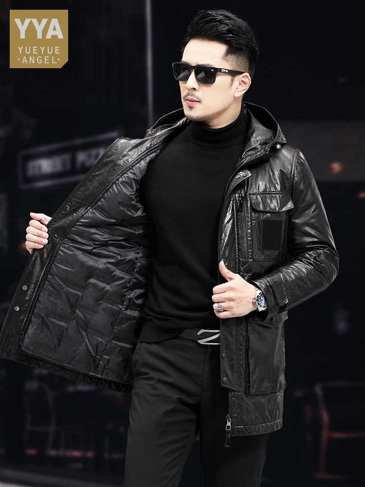 Men Winter Warm Mid Long Oil W - Leather Work Jacket With Hood reseña y precio