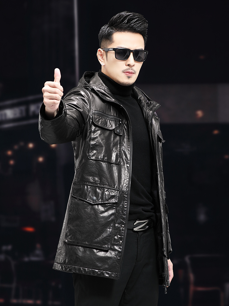 Men Winter Warm Mid Long Oil W - Leather Work Jacket With Hood reseña y precio