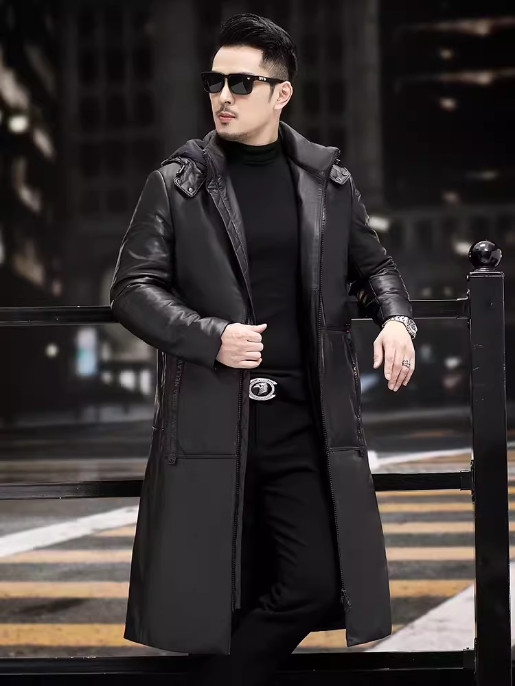 Winter Thick Warm Long Goose D - Leather Work Jacket With Hood reseña y precio