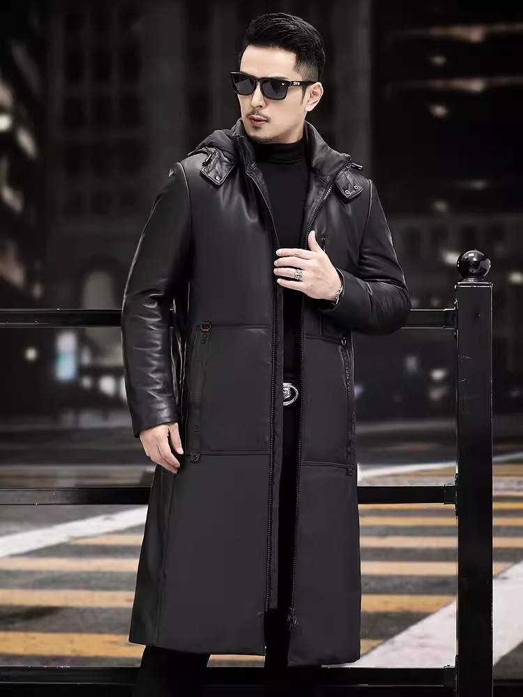 Winter Thick Warm Long Goose D - Leather Work Jacket With Hood reseña y precio