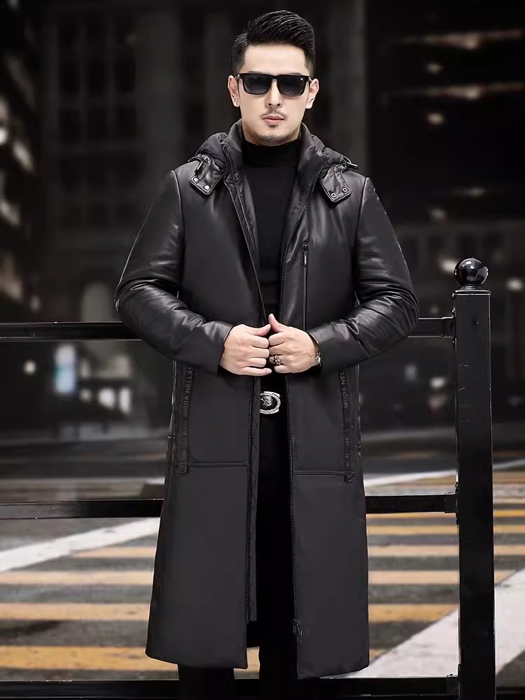 Winter Thick Warm Long Goose D - Leather Work Jacket With Hood reseña y precio