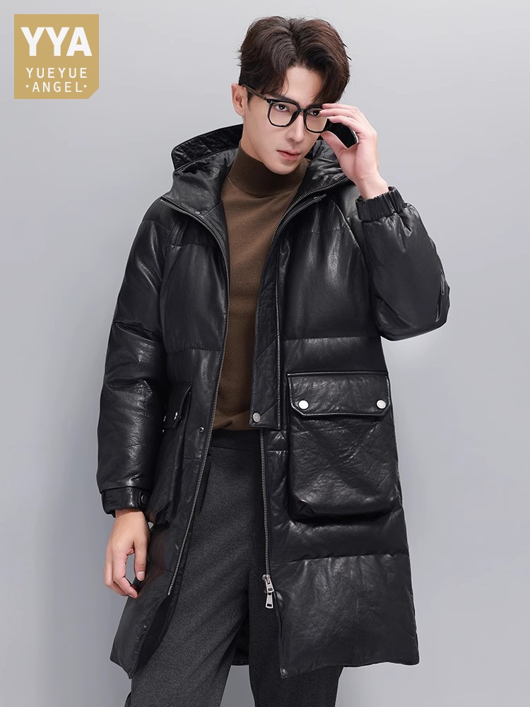 Winter Mens Warm Goose Down Ja - Leather Work Jacket With Hood reseña y precio