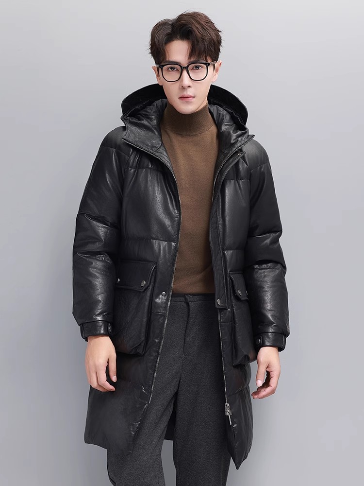 Winter Mens Warm Goose Down Ja - Leather Work Jacket With Hood reseña y precio
