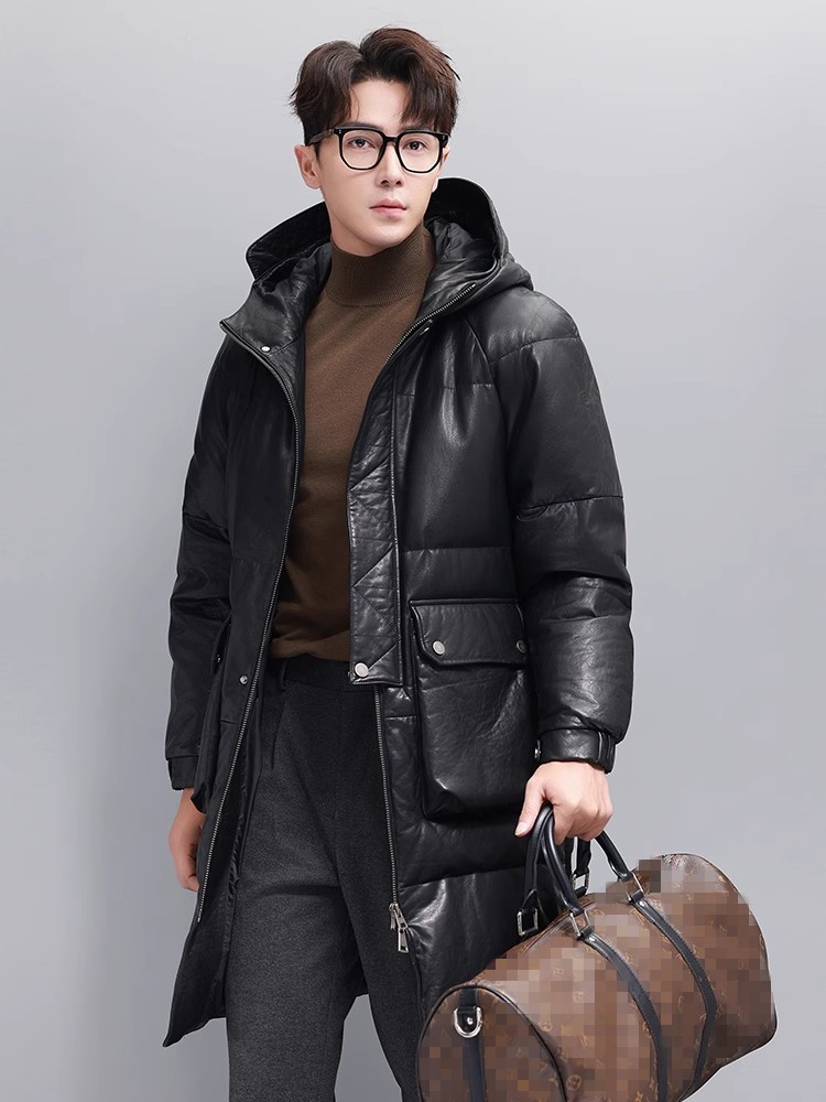 Winter Mens Warm Goose Down Ja - Leather Work Jacket With Hood reseña y precio