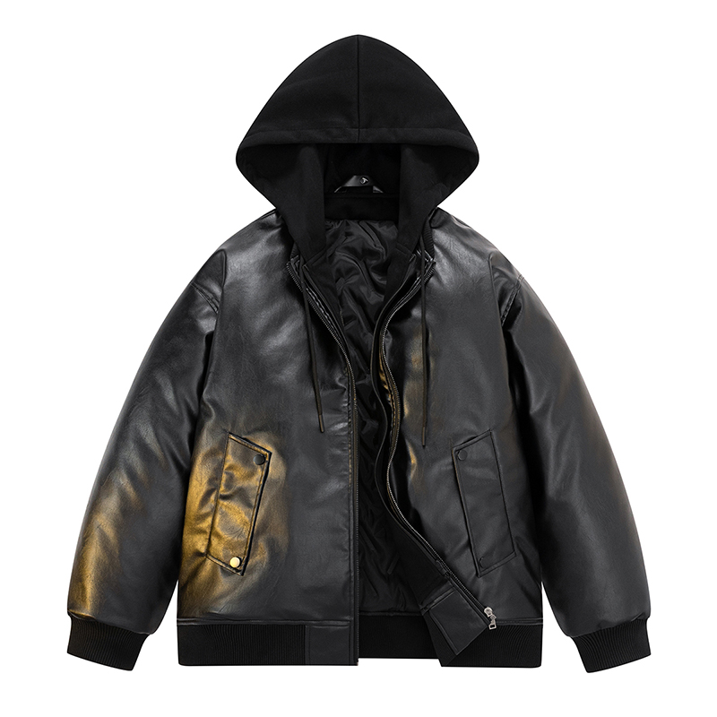Men Down Cotton Jacket PU Leat - Leather Work Jacket With Hood reseña y precio