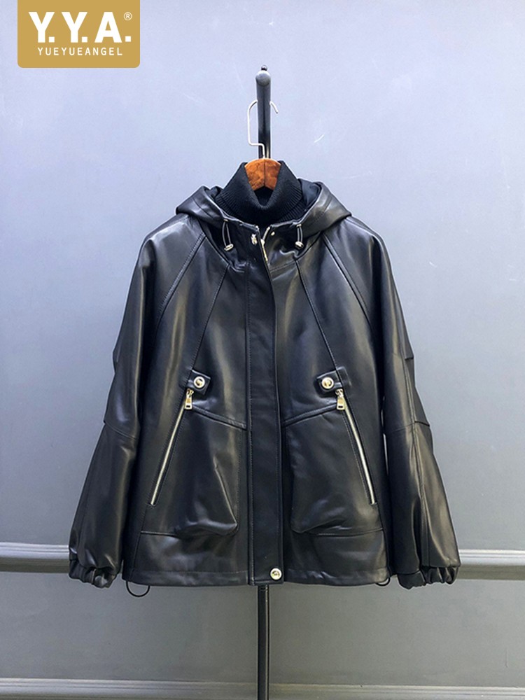 Hot Sale Autumn Women Natural  - Leather Work Jacket With Hood reseña y precio