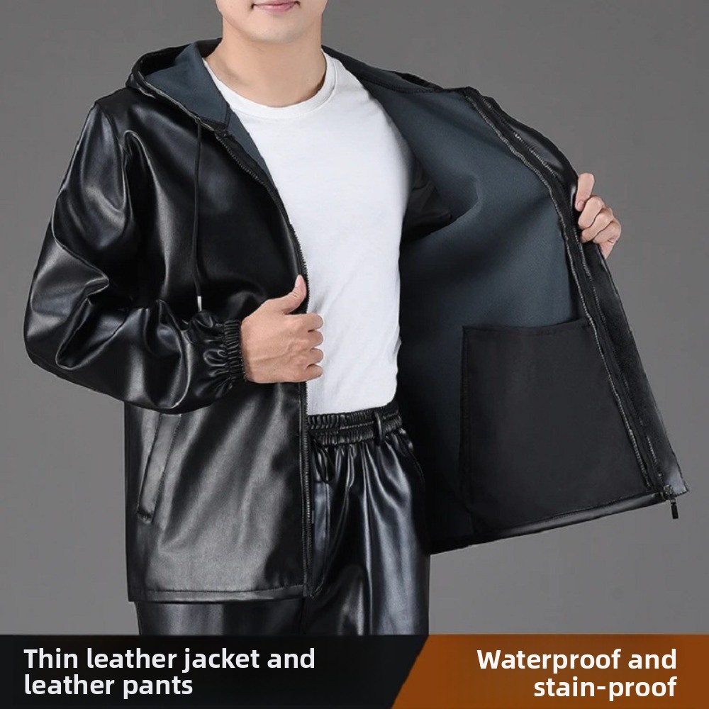 Men's spring and autumn overal - Leather Work Jacket With Hood reseña y precio