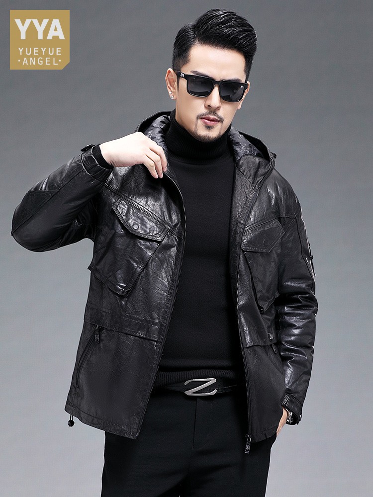 Winter Men Warm Real Goatskin  - Leather Work Jacket With Hood reseña y precio