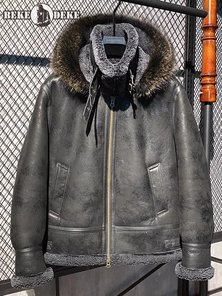 Men Winter Warm Wool Lining Sh - Leather Work Jacket With Hood reseña y precio