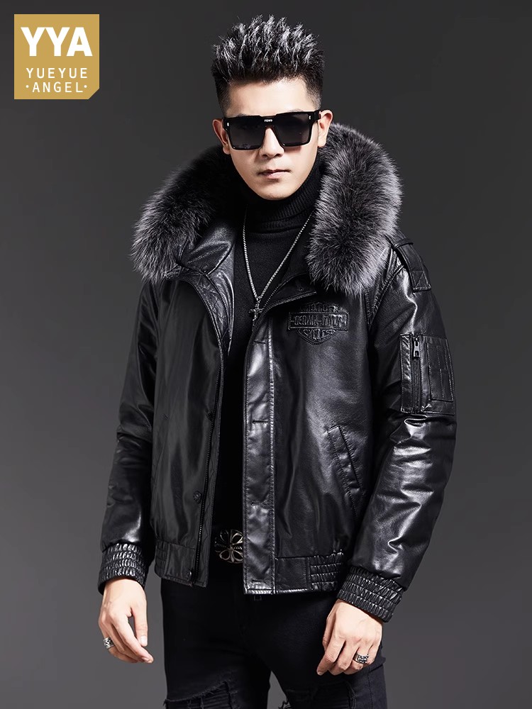 Fashion Mens Winter Fox Fur Co - Leather Work Jacket With Hood reseña y precio
