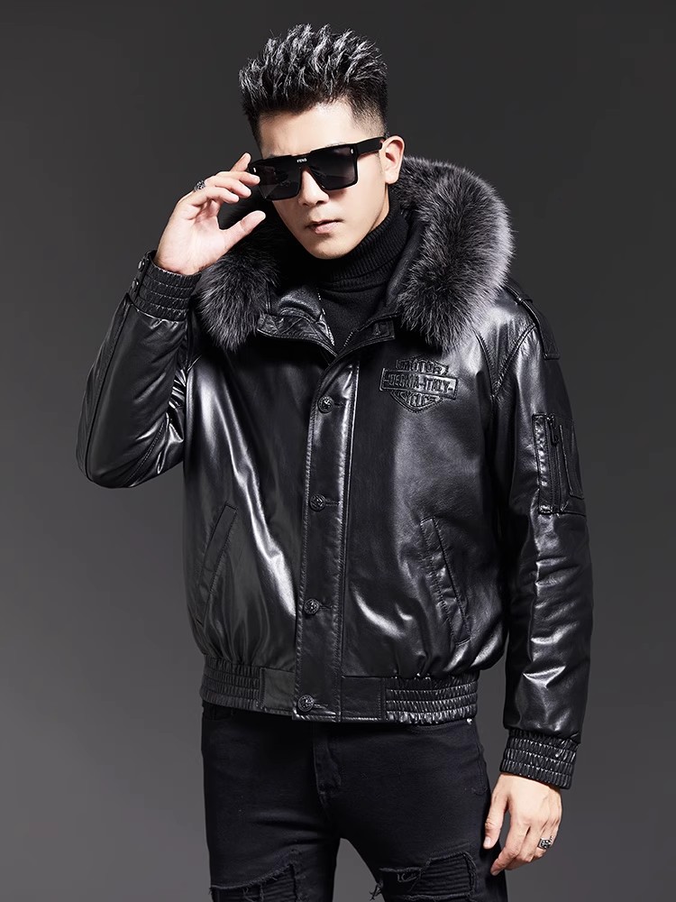 Fashion Mens Winter Fox Fur Co - Leather Work Jacket With Hood reseña y precio