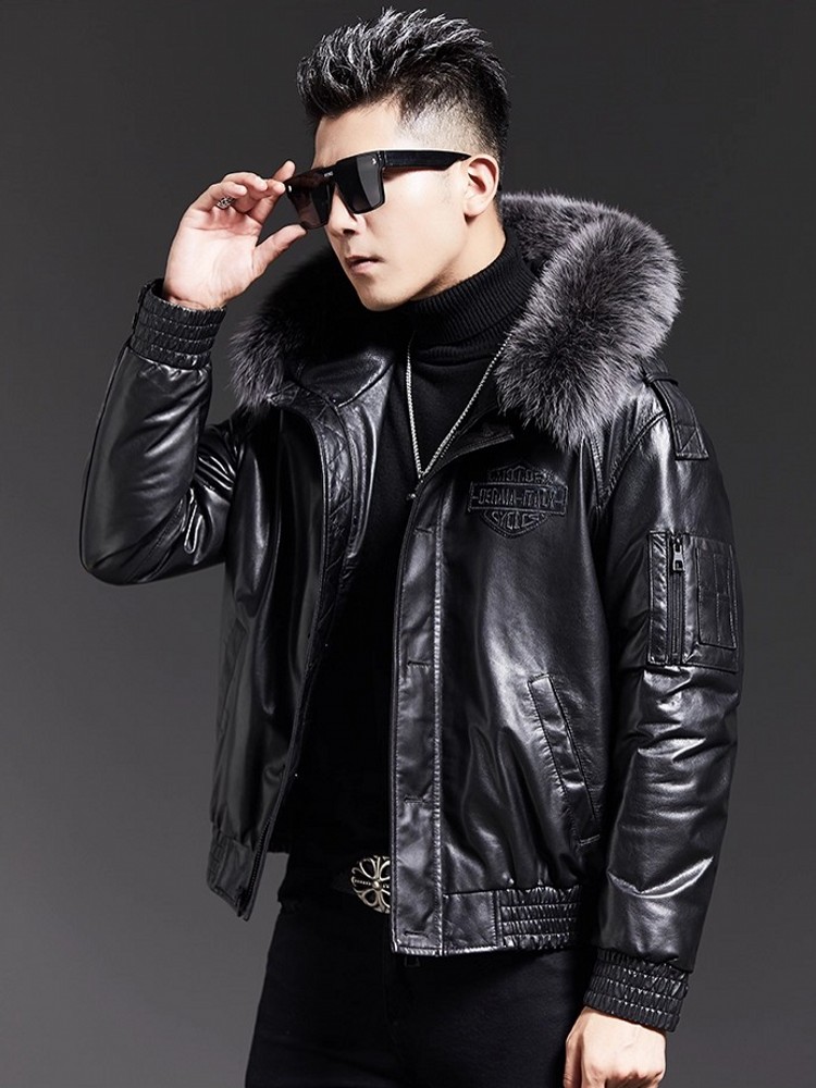 Fashion Mens Winter Fox Fur Co - Leather Work Jacket With Hood reseña y precio
